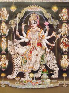 Divine Goddess Durga Seated On Sacred White Tiger