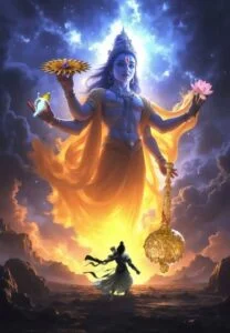 Lord Vishnu reveals divine cosmic form before devotee