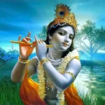 Child Lord Krishna playing flute by peaceful river