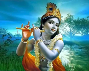Child Lord Krishna playing flute by peaceful river