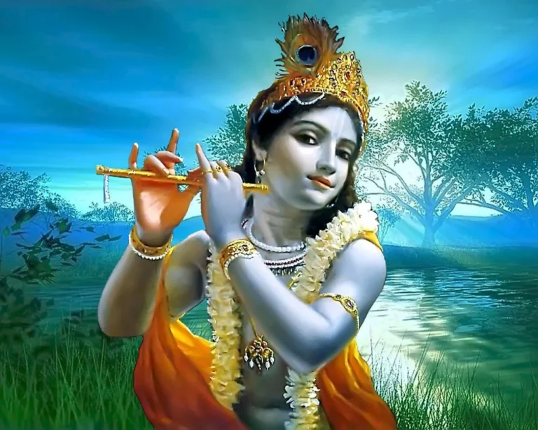 Child Lord Krishna playing flute by peaceful river