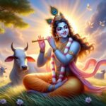 Lord Krishna playing flute beside sacred cow