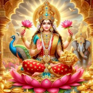 Goddess Lakshmi seated on lotus with elephant