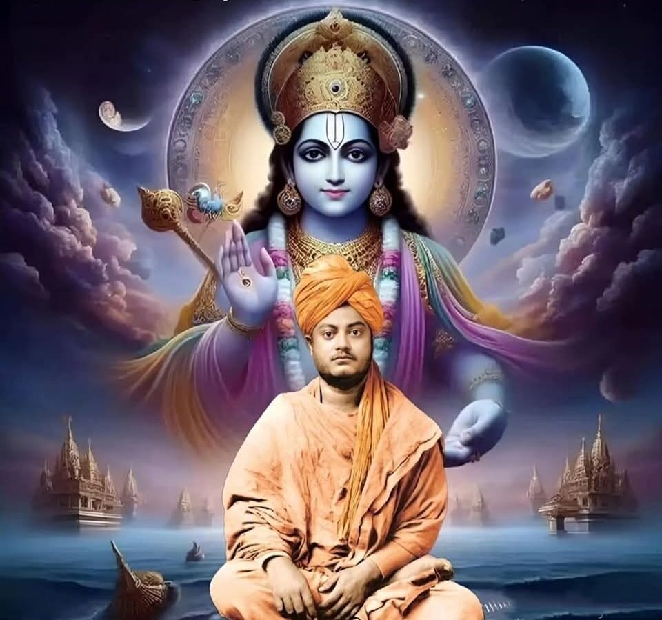 Spiritual guru meditating with Vishnu divine form behind image