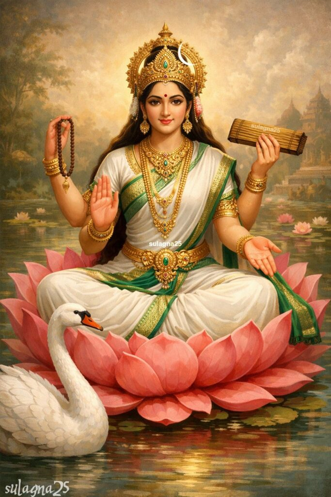 Goddess Saraswati blessing devotees with sacred scripture