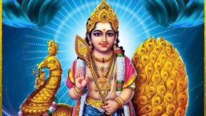 Lord Skanda with the Vel and peacock bestowing divine blessings