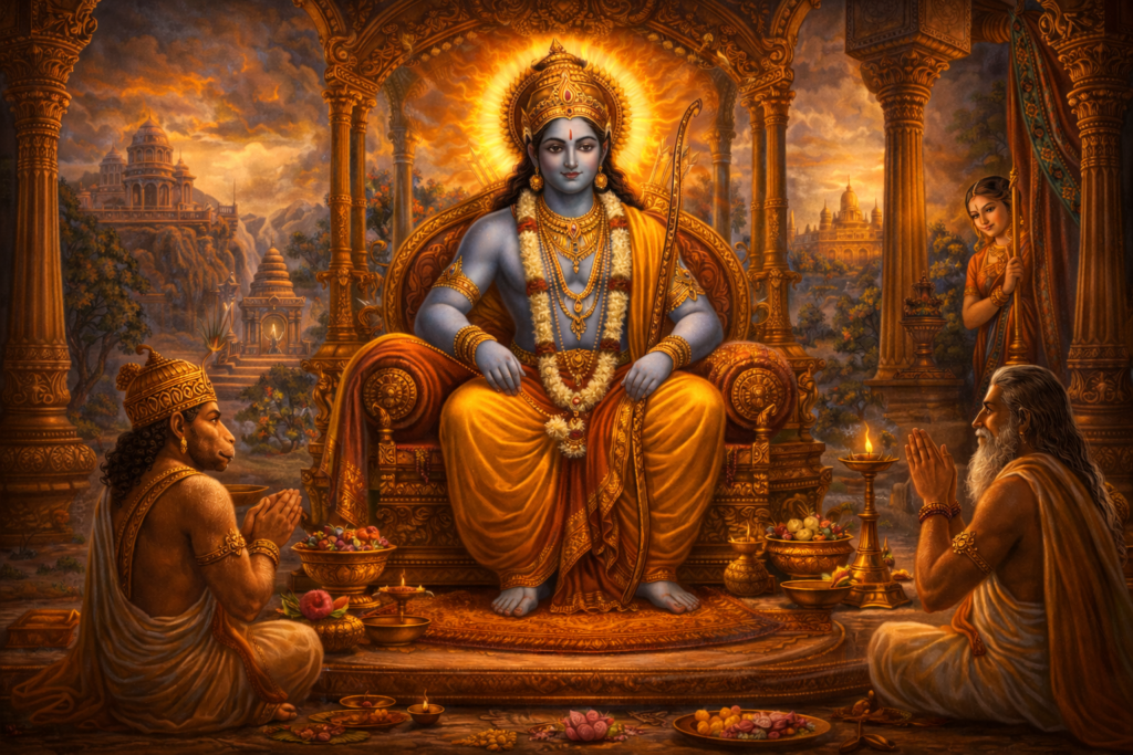 Lord Rama blessing Hanuman and sage with divine grace