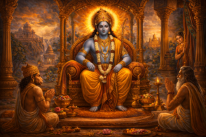 Lord Rama blessing Hanuman and sage with divine grace