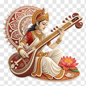 Goddess Saraswati playing veena beside lotus flower