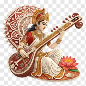 Goddess Saraswati playing veena beside lotus flower