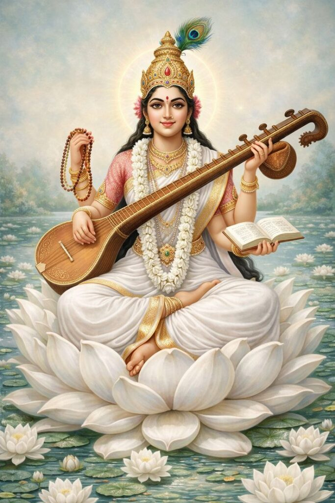 Goddess Saraswati with veena and holy book