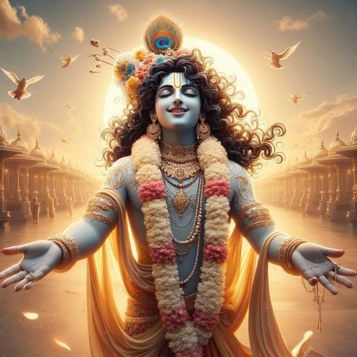 Lord Krishna compassionately welcoming devotees with divine embrace