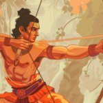 Lord Rama aiming bow during forest exile with determination