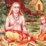 Adi Shankaracharya teaching disciples beside a peaceful riverside hermitage