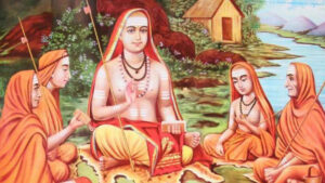 Adi Shankaracharya teaching disciples beside a peaceful riverside hermitage