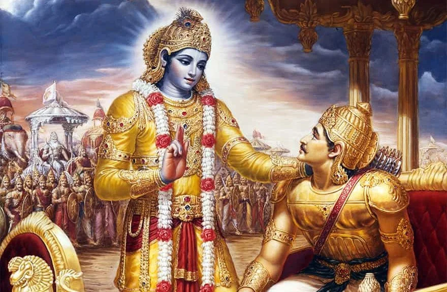 Bhagavad Gita Yoga 54 Lord Krishna advising Arjuna on Kurukshetra battlefield image