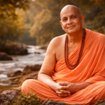 Swami Sivananda meditating peacefully beside flowing river nature