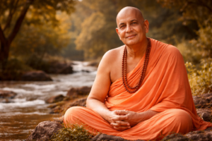 Swami Sivananda meditating peacefully beside flowing river nature