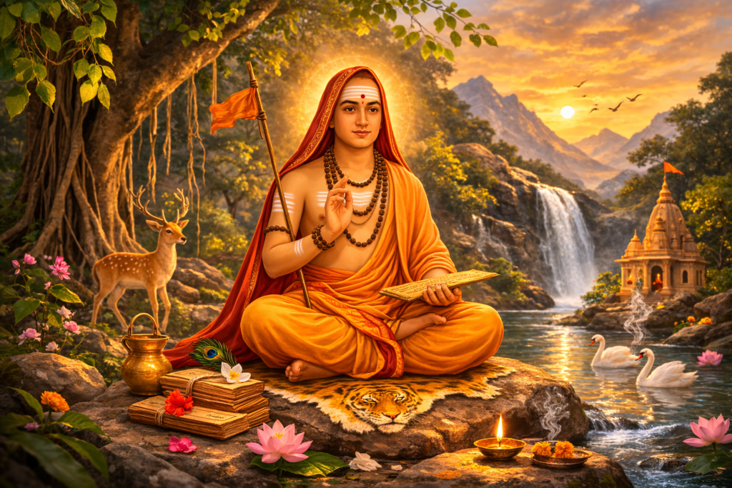 Adi Shankaracharya meditating beside waterfall with sacred scripture peacefully