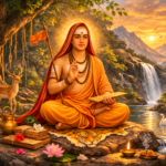 Adi Shankaracharya meditating beside waterfall with sacred scripture peacefully