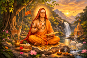 Adi Shankaracharya meditating beside waterfall with sacred scripture peacefully