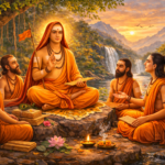 Adi Shankaracharya teaching disciples beside sacred river peacefully