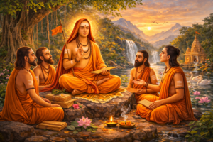 Adi Shankaracharya teaching disciples beside sacred river peacefully