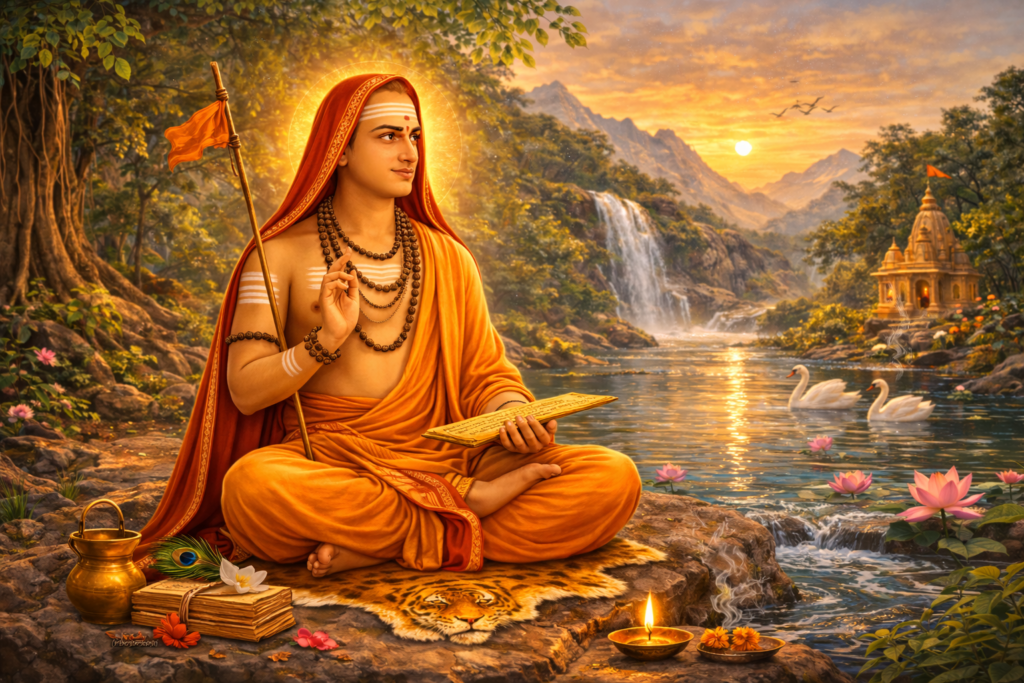 Adi Shankaracharya meditating beside sacred river with scripture peacefully