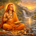 Adi Shankaracharya meditating beside sacred river with scripture peacefully