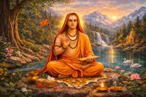 Adi Shankaracharya teaching disciples beside sacred river peacefully