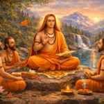 Adi Shankaracharya teaching disciples beside sacred river peacefully
