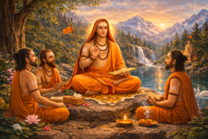 Adi Shankaracharya teaching disciples beside sacred river peacefully