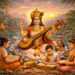 Goddess Saraswati blessing students with wisdom knowledge and music