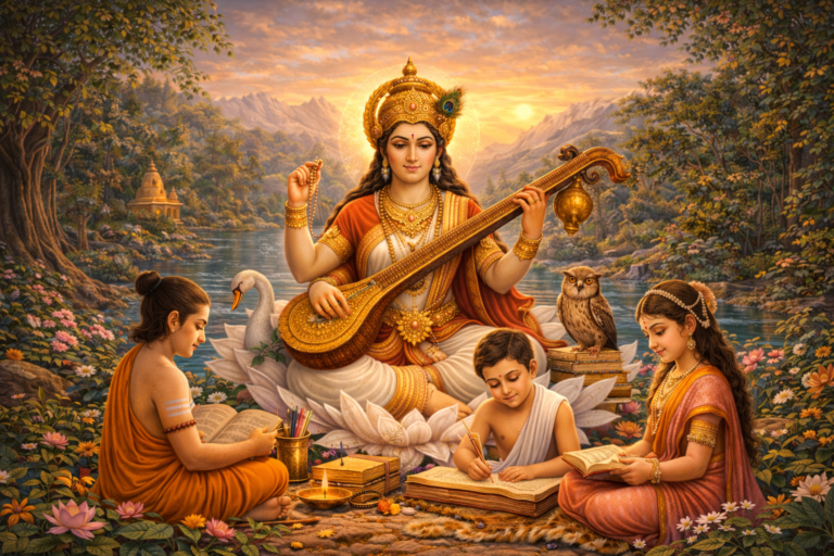 Goddess Saraswati blessing students with wisdom knowledge and music