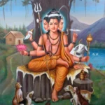 Lord Dattatreya seated with dogs and cow