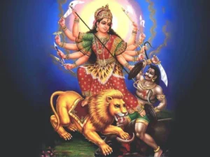 Goddess Durga slaying Mahishasura while riding her divine lion