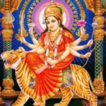 Goddess Durga riding tiger blessing devotees with protection