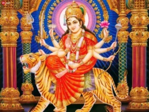 Goddess Durga riding tiger blessing devotees with protection