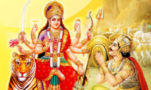 Goddess Durga blessing Arjuna before the Kurukshetra battle