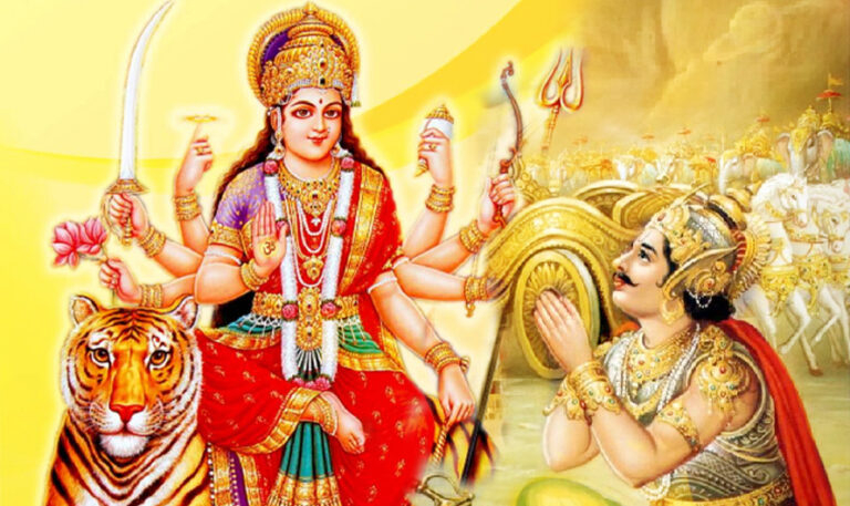 Goddess Durga blessing Arjuna before the Kurukshetra battle