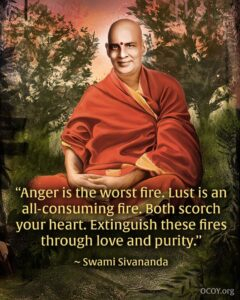 Painting of Swami Sivananda with spiritual quote.