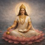 Goddess Gayatri seated on blooming lotus flower