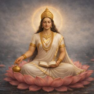 Goddess Gayatri seated on blooming lotus flower