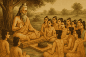 Ancient guru teaching disciples under sacred tree