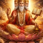 Lord Brahma seated upon radiant lotus throne