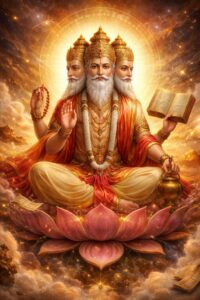 Lord Brahma seated upon radiant lotus throne