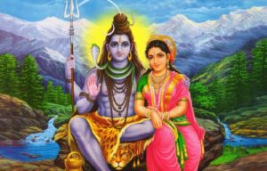 Lord Shiva and Goddess Parvati seated together in the Himalayas