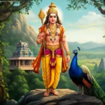 Lord Murugan standing with the Vel and peacock in a sacred temple setting