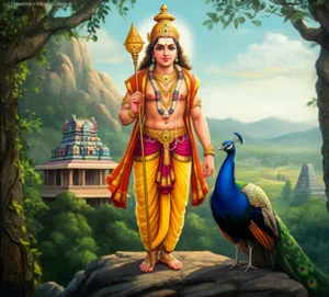 Lord Murugan standing with the Vel and peacock in a sacred temple setting