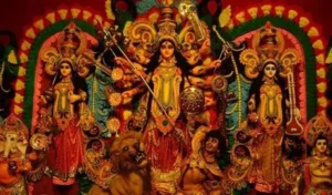 Navratri Durga Puja idols with Goddess Durga, Lakshmi, Saraswati, Ganesha, and Kartikeya